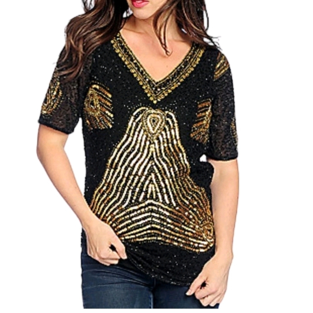 NWT Fair Child Beaded Sequined Black Gold Short Sleeve Top Women's size Medium
